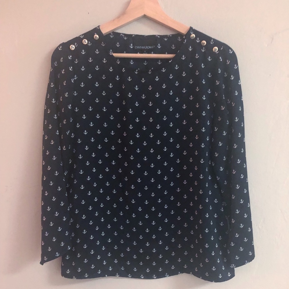 Cynthia Rowley Navy Popover Blouse Anchors Size S